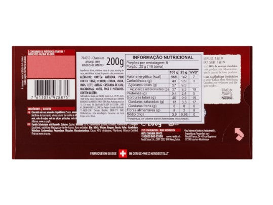 Chocolate Suíço Amargo 46% Cacau com Amêndoas inteiras Cailler Crémant Tablete de 200g