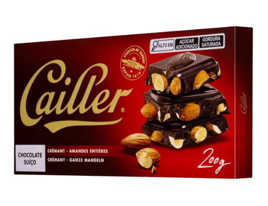 Chocolate Suíço Amargo 46% Cacau com Amêndoas inteiras Cailler Crémant Tablete de 200g